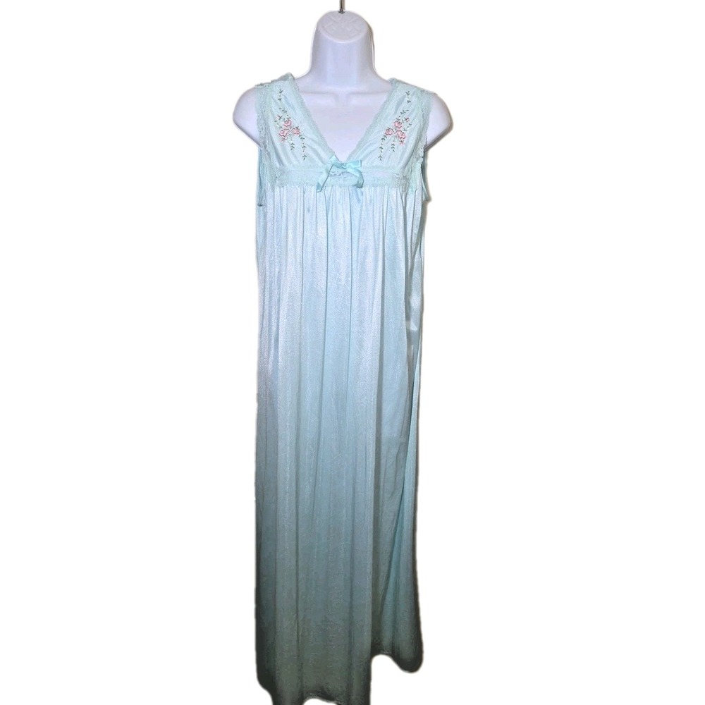 Vtg 80s Embroidered Long Nightgown Nylon Seafoam Green Katz‎ Cottage Bow Size M